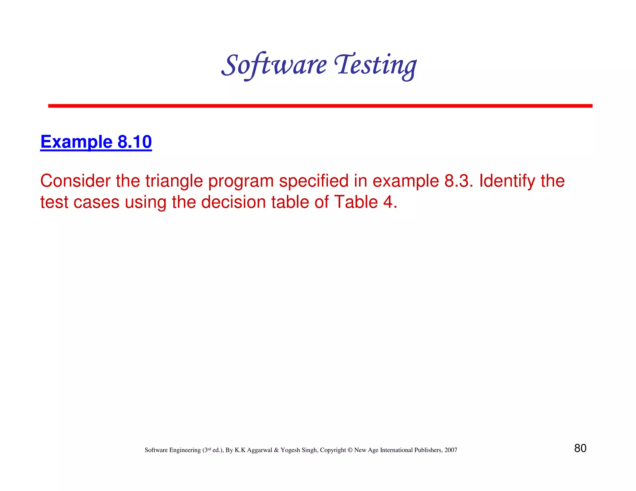 Software Testing
Example 8.10
Consider the triangle program specified in example 8.3. Identify the
test cases using the decision table of Table 4.

Software Engineering (3rd ed.), By K.K Aggarwal & Yogesh Singh, Copyright © New Age International Publishers, 2007

80

 