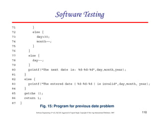 Software Testing

Fig. 15: Program for previous date problem
Software Engineering (3rd ed.), By K.K Aggarwal & Yogesh Singh, Copyright © New Age International Publishers, 2007

110

 