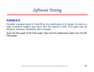 Software Testing
Example 8.14
Consider a program given in Fig.8.20 for the classification of a triangle. Its input is a
triple of positive integers (say a,b,c) from the interval [1,100]. The output may be
[Scalene, Isosceles, Equilateral, Not a triangle].
Draw the flow graph & DD Path graph. Also find the independent paths from the DD
Path graph.

Software Engineering (3rd ed.), By K.K Aggarwal & Yogesh Singh, Copyright © New Age International Publishers, 2007

125

 