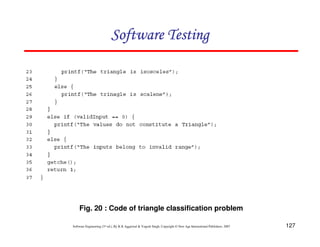 Software Testing

Fig. 20 : Code of triangle classification problem
Software Engineering (3rd ed.), By K.K Aggarwal & Yogesh Singh, Copyright © New Age International Publishers, 2007

127

 