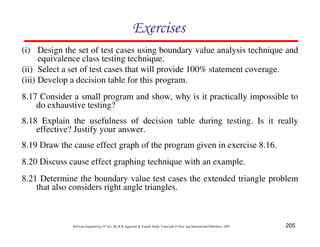 Exercises
(i) Design the set of test cases using boundary value analysis technique and
equivalence class testing technique.
(ii) Select a set of test cases that will provide 100% statement coverage.
(iii) Develop a decision table for this program.
8.17 Consider a small program and show, why is it practically impossible to
do exhaustive testing?
8.18 Explain the usefulness of decision table during testing. Is it really
effective? Justify your answer.
8.19 Draw the cause effect graph of the program given in exercise 8.16.
8.20 Discuss cause effect graphing technique with an example.
8.21 Determine the boundary value test cases the extended triangle problem
that also considers right angle triangles.

Software Engineering (3rd ed.), By K.K Aggarwal & Yogesh Singh, Copyright © New Age International Publishers, 2007

205

 