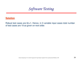 Software Testing
Solution
Robust test cases are 6n+1. Hence, in 3 variable input cases total number
of test cases are 19 as given on next slide:

Software Engineering (3rd ed.), By K.K Aggarwal & Yogesh Singh, Copyright © New Age International Publishers, 2007

29

 