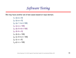 Software Testing
We may have another set of test cases based on input domain.
I1= {a: a = 0}
I2= {a: a < 0}
I3= {a: 1 ≤ a ≤ 100}
I4= {a: a > 100}
I5= {b: 0 ≤ b ≤ 100}
I6= {b: b < 0}
I7= {b: b > 100}
I8= {c: 0 ≤ c ≤ 100}
I9= {c: c < 0}
I10={c: c > 100}

Software Engineering (3rd ed.), By K.K Aggarwal & Yogesh Singh, Copyright © New Age International Publishers, 2007

65

 