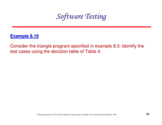 Software Testing
Example 8.10
Consider the triangle program specified in example 8.3. Identify the
test cases using the decision table of Table 4.

Software Engineering (3rd ed.), By K.K Aggarwal & Yogesh Singh, Copyright © New Age International Publishers, 2007

80

 
