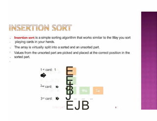 .,
,
6
.,
,
.,
,
Insertion sort is a simple sorting algorithm that works similar to the lfay you sort
playing cards in your hands.
The array is virtually split into a sorted and an unsorted part.
Values from the unsorted part are picked and placed at the correct position in the
sorted part.
E
J
E
J
1 st card: 1
o
�
2nd card: 5
�
3rd card: K
�
B
EJB
 