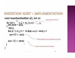 void insertionSort(int a[], int n)
{
8
ocxt is the item to be
=
for (int i 1; i < n; i++)
{
- - - -
inserted
int next = a[i];
int j;
for (j= i-1; j>= 0 && au]> next; j--)
au+1] = au]; - -
au+ 1] = next;
-­
}
}
Shift sorted items to make place for next
Insert next to the correct location
 