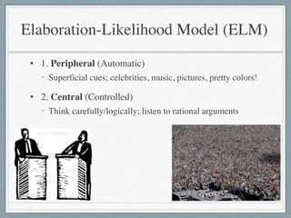 • 1. Peripheral (Automatic)	

• Superficial cues; celebrities, music, pictures, pretty colors!	

• 2. Central (Controlled)	

• Think carefully/logically; listen to rational arguments
Elaboration-Likelihood Model (ELM)
 