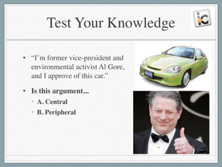 Test Your Knowledge
• “I’m former vice-president and
environmental activist Al Gore,
and I approve of this car.”	

• Is this argument...	

• A. Central	

• B. Peripheral
 