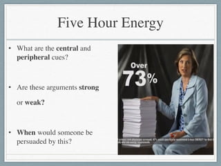 Five Hour Energy
• What are the central and
peripheral cues?	

!
• Are these arguments strong 	

	

 or weak?	

!
• When would someone be
persuaded by this?
 