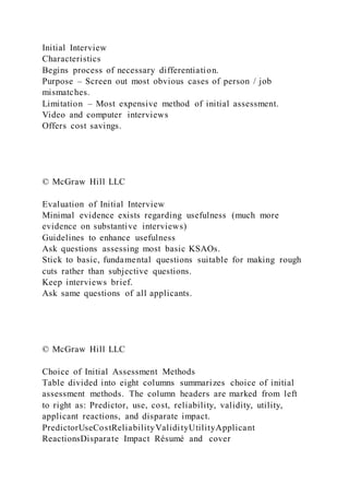 Initial Interview
Characteristics
Begins process of necessary differentiation.
Purpose – Screen out most obvious cases of person / job
mismatches.
Limitation – Most expensive method of initial assessment.
Video and computer interviews
Offers cost savings.
© McGraw Hill LLC
Evaluation of Initial Interview
Minimal evidence exists regarding usefulness (much more
evidence on substantive interviews)
Guidelines to enhance usefulness
Ask questions assessing most basic KSAOs.
Stick to basic, fundamental questions suitable for making rough
cuts rather than subjective questions.
Keep interviews brief.
Ask same questions of all applicants.
© McGraw Hill LLC
Choice of Initial Assessment Methods
Table divided into eight columns summarizes choice of initial
assessment methods. The column headers are marked from left
to right as: Predictor, use, cost, reliability, validity, utility,
applicant reactions, and disparate impact.
PredictorUseCostReliabilityValidityUtilityApplicant
ReactionsDisparate Impact Résumé and cover
 