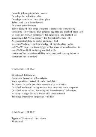 Consult job requirements matrix
Develop the selection plan
Develop structured interview plan
Select and train interviewers
Evaluate effectiveness
Table divided into three columns summarizes conducting
structured interviews. The column headers are marked from left
to right as: KSAO, necessary for selection, and method of
assessment.KSAONecessary for SelectionMethod of
AssessmentAbility to make customer feel
welcomeYesInterviewKnowledge of merchandise to be
soldYesWritten testKnowledge of location of merchandise in
storeNoNoneSkill in being cordial with
customersYesInterviewAbility to create and convey ideas to
customersYesInterview
© McGraw Hill LLC
Structured Interviews
Questions based on job analysis
Same questions asked of each candidate
Response to each question numerically evaluated
Detailed anchored rating scales used to score each response
Detailed notes taken, focusing on interviewees’ behaviors
Validity is significantly better that unstructured
Training interviews improves validity
© McGraw Hill LLC
Types of Structured Interviews
Situational
 