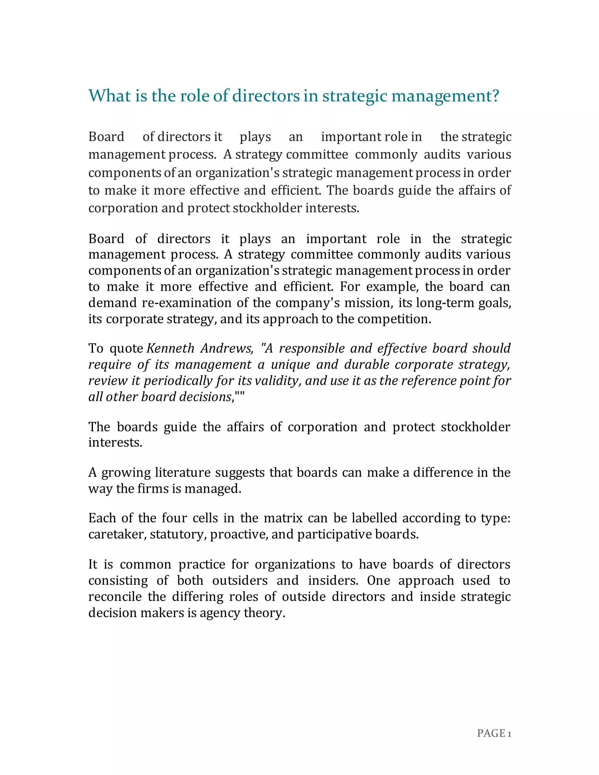 An assignment about the role of board of directors in Strategic