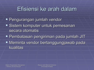 Efisiensi ke arah dalam Pengurangan jumlah vendor Sistem komputer untuk pemesanan secara otomatis Pembatasan pengiriman pada jumlah JIT Meminta vendor bertanggungjawab pada kualitas 