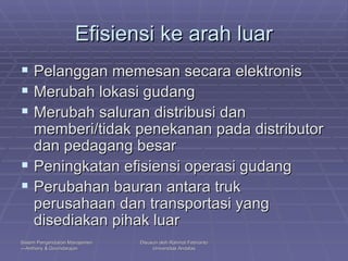 Efisiensi ke arah luar Pelanggan memesan secara elektronis Merubah lokasi gudang Merubah saluran distribusi dan memberi/tidak penekanan pada distributor dan pedagang besar Peningkatan efisiensi operasi gudang Perubahan bauran antara truk perusahaan dan transportasi yang disediakan pihak luar 