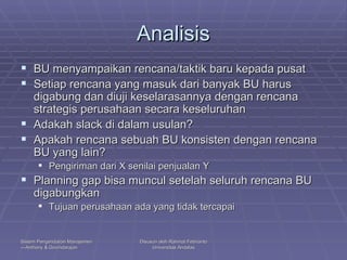 Analisis BU menyampaikan rencana/taktik baru kepada pusat Setiap rencana yang masuk dari banyak BU harus digabung dan diuji keselarasannya dengan rencana strategis perusahaan secara keseluruhan Adakah slack di dalam usulan? Apakah rencana sebuah BU konsisten dengan rencana BU yang lain?  Pengiriman dari X senilai penjualan Y Planning gap bisa muncul setelah seluruh rencana BU digabungkan Tujuan perusahaan ada yang tidak tercapai 