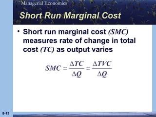 Short Run Marginal Cost Short run marginal cost  (SMC)  measures rate of change in total cost  (TC)  as output varies 8- 