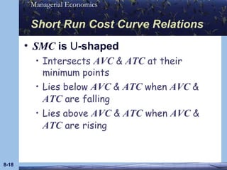 Short Run Cost Curve Relations SMC  is  U -shaped Intersects  AVC  &  ATC  at their minimum points Lies below  AVC  &  ATC  when  AVC  &  ATC  are falling Lies above  AVC  &  ATC  when  AVC  &  ATC  are rising 8- 