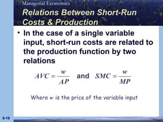 In the case of a single variable input, short-run costs are related to the production function by two relations Relations Between Short-Run Costs & Production 8- A 