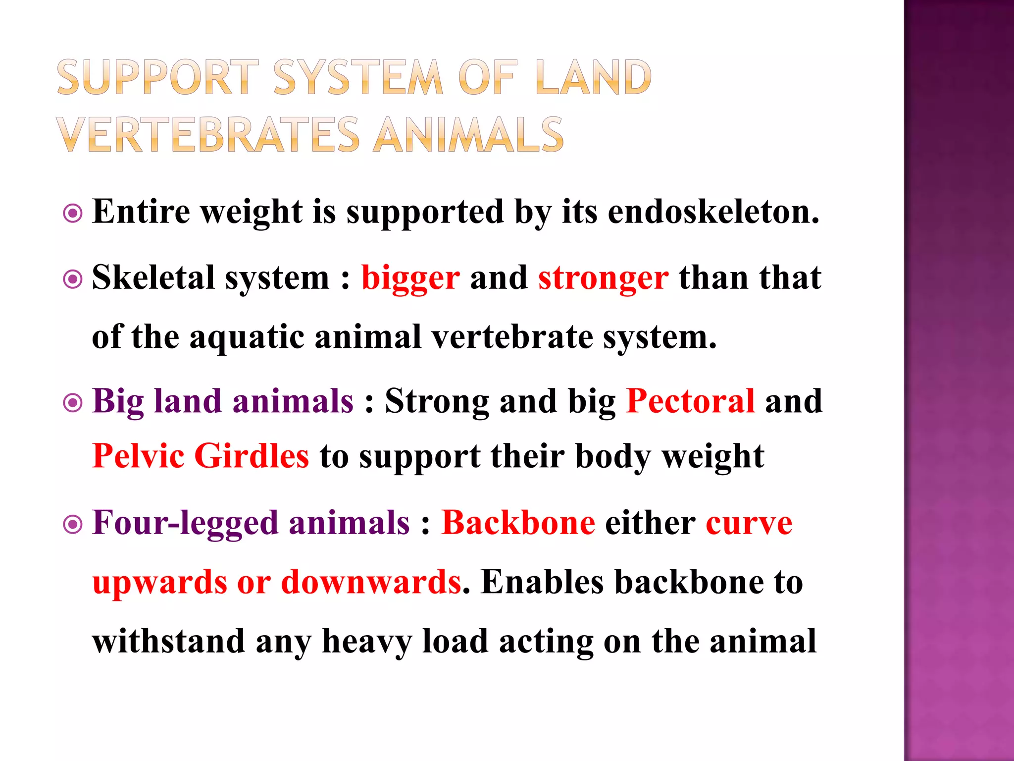  Entire   weight is supported by its endoskeleton.
 Skeletal   system : bigger and stronger than that
 of the aquatic animal vertebrate system.
 Bigland animals : Strong and big Pectoral and
 Pelvic Girdles to support their body weight
 Four-legged    animals : Backbone either curve
 upwards or downwards. Enables backbone to
 withstand any heavy load acting on the animal
 