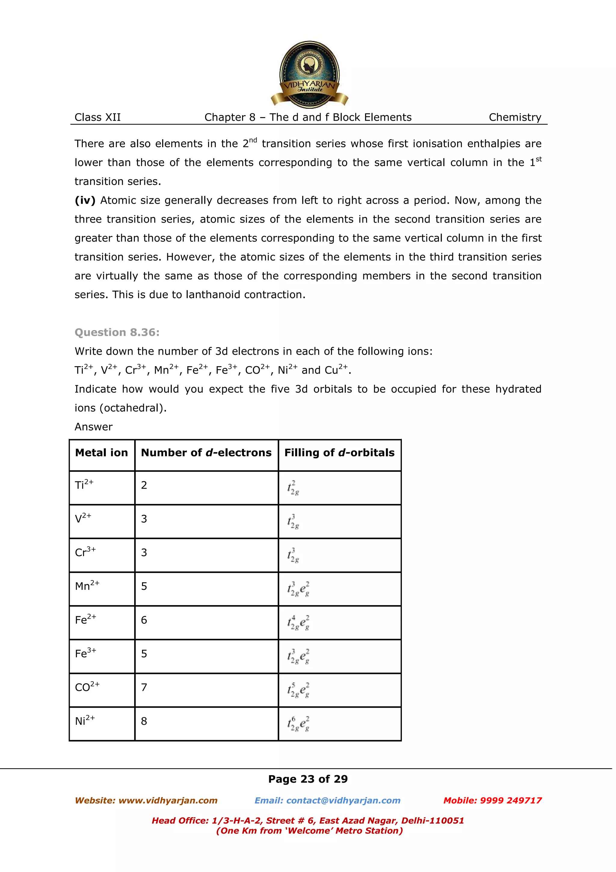 Class XII

Chapter 8 – The d and f Block Elements

Chemistry

There are also elements in the 2nd transition series whose first ionisation enthalpies are
lower than those of the elements corresponding to the same vertical column in the 1st
transition series.
(iv) Atomic size generally decreases from left to right across a period. Now, among the
three transition series, atomic sizes of the elements in the second transition series are
greater than those of the elements corresponding to the same vertical column in the first
transition series. However, the atomic sizes of the elements in the third transition series
are virtually the same as those of the corresponding members in the second transition
series. This is due to lanthanoid contraction.

Question 8.36:
Write down the number of 3d electrons in each of the following ions:
Ti2+, V2+, Cr3+, Mn2+, Fe2+, Fe3+, CO2+, Ni2+ and Cu2+.
Indicate how would you expect the five 3d orbitals to be occupied for these hydrated
ions (octahedral).
Answer
Metal ion

Number of d-electrons

Ti2+

2

V2+

3

Cr3+

3

Mn2+

5

Fe2+

6

Fe3+

5

CO2+

7

Ni2+

8

Filling of d-orbitals

Page 23 of 29
Website: www.vidhyarjan.com

Email: contact@vidhyarjan.com

Mobile: 9999 249717

Head Office: 1/3-H-A-2, Street # 6, East Azad Nagar, Delhi-110051
(One Km from ‘Welcome’ Metro Station)

 