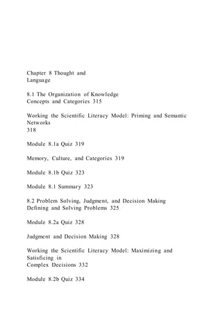 Chapter 8 Thought and
Language
8.1 The Organization of Knowledge
Concepts and Categories 315
Working the Scientific Literacy Model: Priming and Semantic
Networks
318
Module 8.1a Quiz 319
Memory, Culture, and Categories 319
Module 8.1b Quiz 323
Module 8.1 Summary 323
8.2 Problem Solving, Judgment, and Decision Making
Defining and Solving Problems 325
Module 8.2a Quiz 328
Judgment and Decision Making 328
Working the Scientific Literacy Model: Maximizing and
Satisficing in
Complex Decisions 332
Module 8.2b Quiz 334
 