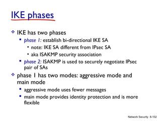 IKE phases


IKE has two phases
 phase 1: establish bi-directional IKE SA
• note: IKE SA different from IPsec SA
• aka ISAKMP security association
 phase 2: ISAKMP is used to securely negotiate IPsec
pair of SAs



phase 1 has two modes: aggressive mode and
main mode
 aggressive mode uses fewer messages
 main mode provides identity protection and is more
flexible
Network Security 8-102

 