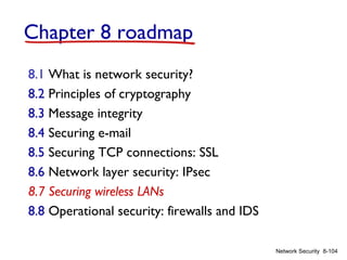 Chapter 8 roadmap
8.1 What is network security?
8.2 Principles of cryptography
8.3 Message integrity
8.4 Securing e-mail
8.5 Securing TCP connections: SSL
8.6 Network layer security: IPsec
8.7 Securing wireless LANs
8.8 Operational security: firewalls and IDS
Network Security 8-104

 