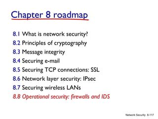 Chapter 8 roadmap
8.1 What is network security?
8.2 Principles of cryptography
8.3 Message integrity
8.4 Securing e-mail
8.5 Securing TCP connections: SSL
8.6 Network layer security: IPsec
8.7 Securing wireless LANs
8.8 Operational security: firewalls and IDS
Network Security 8-117

 