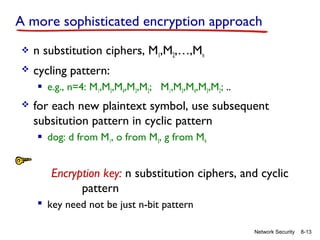 A more sophisticated encryption approach


n substitution ciphers, M1,M2,…,Mn



cycling pattern:
 e.g., n=4: M1,M3,M4,M3,M2; M1,M3,M4,M3,M2; ..



for each new plaintext symbol, use subsequent
subsitution pattern in cyclic pattern
 dog: d from M1, o from M3, g from M4

Encryption key: n substitution ciphers, and cyclic
pattern
 key need not be just n-bit pattern
Network Security

8-13

 
