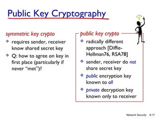 Public Key Cryptography
symmetric key crypto




requires sender, receiver
know shared secret key
Q: how to agree on key in
first place (particularly if
never “met”)?

public key crypto








radically different
approach [DiffieHellman76, RSA78]
sender, receiver do not
share secret key
public encryption key
known to all
private decryption key
known only to receiver

Network Security

8-17

 