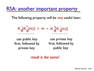 RSA: another important property
The following property will be very useful later:
-

+
+ K (K (m)) = m = K (K (m))
B B
B B

use public key
first, followed by
private key

use private key
first, followed by
public key

result is the same!
Network Security

8-26

 