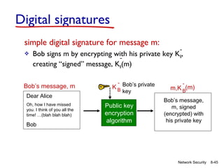 Digital signatures
simple digital signature for message m:


-

Bob signs m by encrypting with his private key KB,
creating “signed” message, KB(m)

Bob’s message, m
Dear Alice
Oh, how I have missed
you. I think of you all the
time! …(blah blah blah)

Bob

- Bob’s private
KB
key

Public key
encryption
algorithm

m,K B(m)

Bob’s message,
m, signed
(encrypted) with
his private key

Network Security

8-45

 