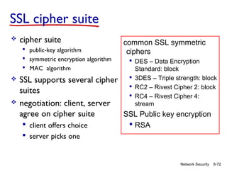 SSL cipher suite


cipher suite
 public-key algorithm
 symmetric encryption algorithm
 MAC algorithm





common SSL symmetric
ciphers
 DES – Data Encryption
Standard: block
 3DES – Triple strength: block
 RC2 – Rivest Cipher 2: block
 RC4 – Rivest Cipher 4:
stream

SSL supports several cipher
suites
negotiation: client, server
agree on cipher suite
SSL Public key encryption
 client offers choice
 server picks one

 RSA

Network Security

8-72

 