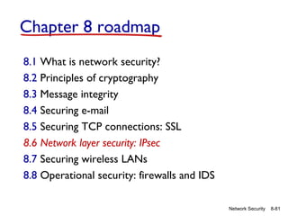 Chapter 8 roadmap
8.1 What is network security?
8.2 Principles of cryptography
8.3 Message integrity
8.4 Securing e-mail
8.5 Securing TCP connections: SSL
8.6 Network layer security: IPsec
8.7 Securing wireless LANs
8.8 Operational security: firewalls and IDS
Network Security

8-81

 