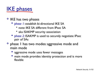 8-102
Network Security
IKE phases
 IKE has two phases
 phase 1: establish bi-directional IKE SA
• note: IKE SA different from IPsec SA
• aka ISAKMP security association
 phase 2: ISAKMP is used to securely negotiate IPsec
pair of SAs
 phase 1 has two modes: aggressive mode and
main mode
 aggressive mode uses fewer messages
 main mode provides identity protection and is more
flexible
 