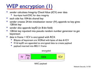 8-108
Network Security
WEP encryption (1)
 sender calculates Integrity CheckValue (ICV) over data
 four-byte hash/CRC for data integrity
 each side has 104-bit shared key
 sender creates 24-bit initialization vector (IV), appends to key: gives
128-bit key
 sender also appends keyID (in 8-bit field)
 128-bit key inputted into pseudo random number generator to get
keystream
 data in frame + ICV is encrypted with RC4:
 Bbytes of keystream are XORed with bytes of data & ICV
 IV & keyID are appended to encrypted data to create payload
 payload inserted into 802.11 frame
encrypted
data ICV
IV
MAC payload
Key
ID
 
