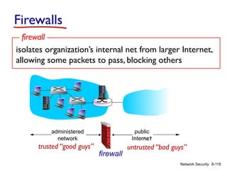 8-118
Network Security
Firewalls
isolates organization’s internal net from larger Internet,
allowing some packets to pass, blocking others
firewall
administered
network
public
Internet
firewall
trusted “good guys” untrusted “bad guys”
 
