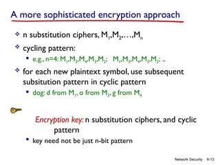 8-13
Network Security
A more sophisticated encryption approach
 n substitution ciphers, M1,M2,…,Mn
 cycling pattern:
 e.g., n=4: M1,M3,M4,M3,M2; M1,M3,M4,M3,M2; ..
 for each new plaintext symbol, use subsequent
subsitution pattern in cyclic pattern
 dog: d from M1, o from M3, g from M4
Encryption key: n substitution ciphers, and cyclic
pattern
 key need not be just n-bit pattern
 