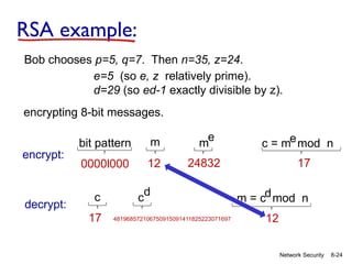 8-24
Network Security
RSA example:
Bob chooses p=5, q=7. Then n=35, z=24.
e=5 (so e, z relatively prime).
d=29 (so ed-1 exactly divisible by z).
bit pattern m m
e
c = m mod n
e
0000l000 12 24832 17
encrypt:
encrypting 8-bit messages.
c m = c mod n
d
17 481968572106750915091411825223071697 12
c
d
decrypt:
 
