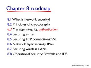 8-30
Network Security
Chapter 8 roadmap
8.1 What is network security?
8.2 Principles of cryptography
8.3 Message integrity, authentication
8.4 Securing e-mail
8.5 SecuringTCP connections: SSL
8.6 Network layer security: IPsec
8.7 Securing wireless LANs
8.8 Operational security: firewalls and IDS
 