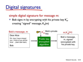 8-45
Network Security
simple digital signature for message m:
 Bob signs m by encrypting with his private key KB,
creating “signed” message, KB(m)
-
-
Dear Alice
Oh, how I have missed
you. I think of you all the
time! …(blah blah blah)
Bob
Bob’s message, m
Public key
encryption
algorithm
Bob’s private
key
K B
-
Bob’s message,
m, signed
(encrypted) with
his private key
m,K B
-
(m)
Digital signatures
 