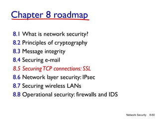8-60
Network Security
Chapter 8 roadmap
8.1 What is network security?
8.2 Principles of cryptography
8.3 Message integrity
8.4 Securing e-mail
8.5 SecuringTCP connections: SSL
8.6 Network layer security: IPsec
8.7 Securing wireless LANs
8.8 Operational security: firewalls and IDS
 