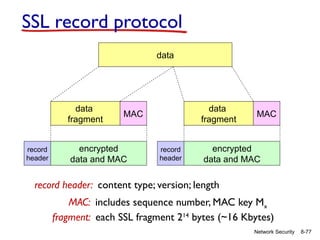 8-77
Network Security
SSL record protocol
data
data
fragment
data
fragment
MAC MAC
encrypted
data and MAC
encrypted
data and MAC
record
header
record
header
record header: content type; version; length
MAC: includes sequence number, MAC key Mx
fragment: each SSL fragment 214
bytes (~16 Kbytes)
 