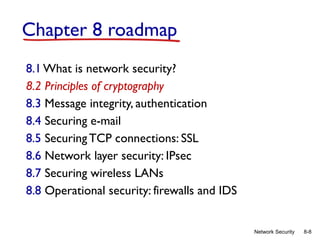 8-8
Network Security
Chapter 8 roadmap
8.1 What is network security?
8.2 Principles of cryptography
8.3 Message integrity, authentication
8.4 Securing e-mail
8.5 SecuringTCP connections: SSL
8.6 Network layer security: IPsec
8.7 Securing wireless LANs
8.8 Operational security: firewalls and IDS
 
