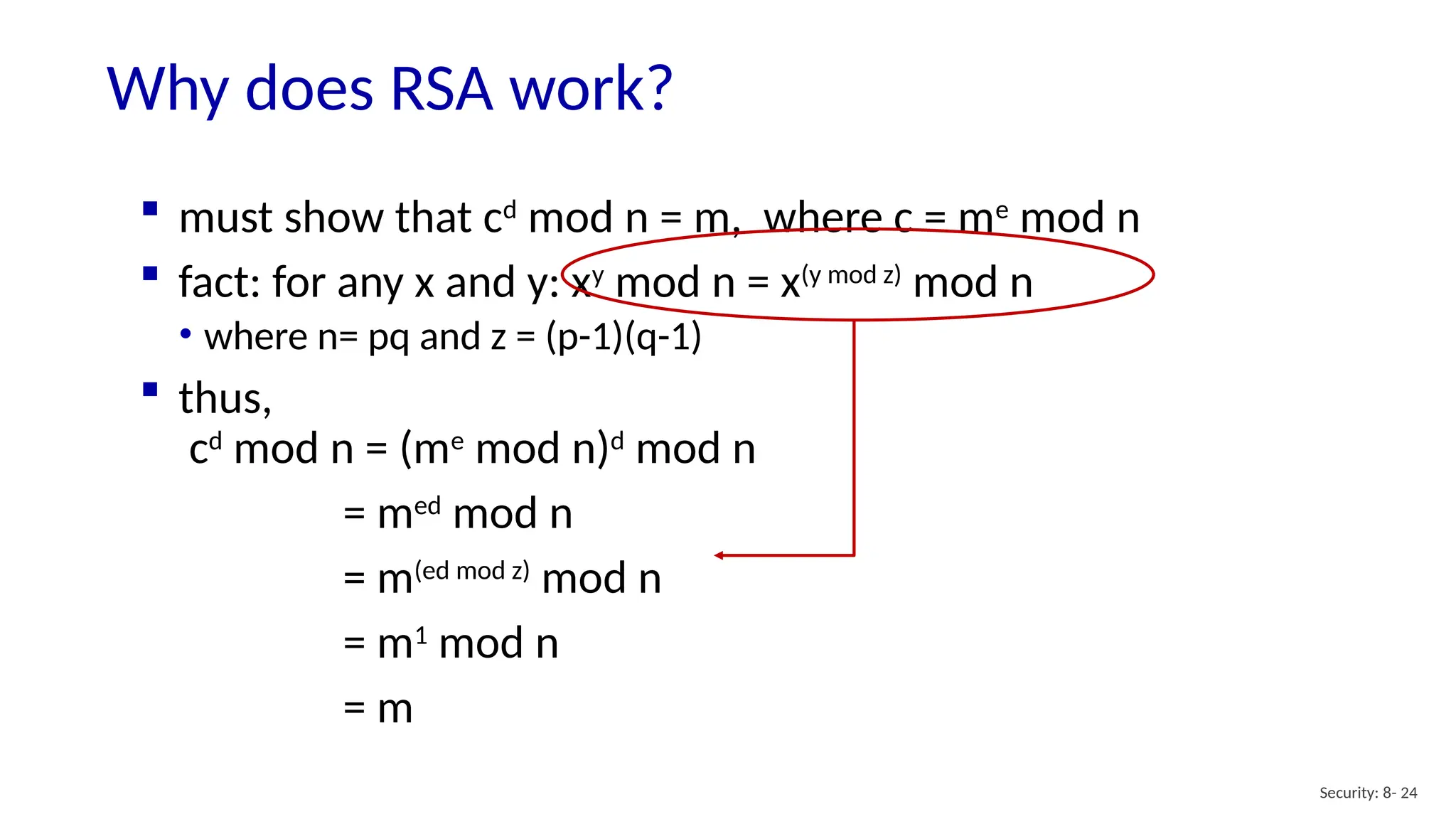 Why does RSA work?
Security: 8- 24
 must show that cd
mod n = m, where c = me
mod n
 fact: for any x and y: xy
mod n = x(y mod z)
mod n
• where n= pq and z = (p-1)(q-1)
 thus,
cd
mod n = (me
mod n)d
mod n
= med
mod n
= m(ed mod z)
mod n
= m1
mod n
= m
 