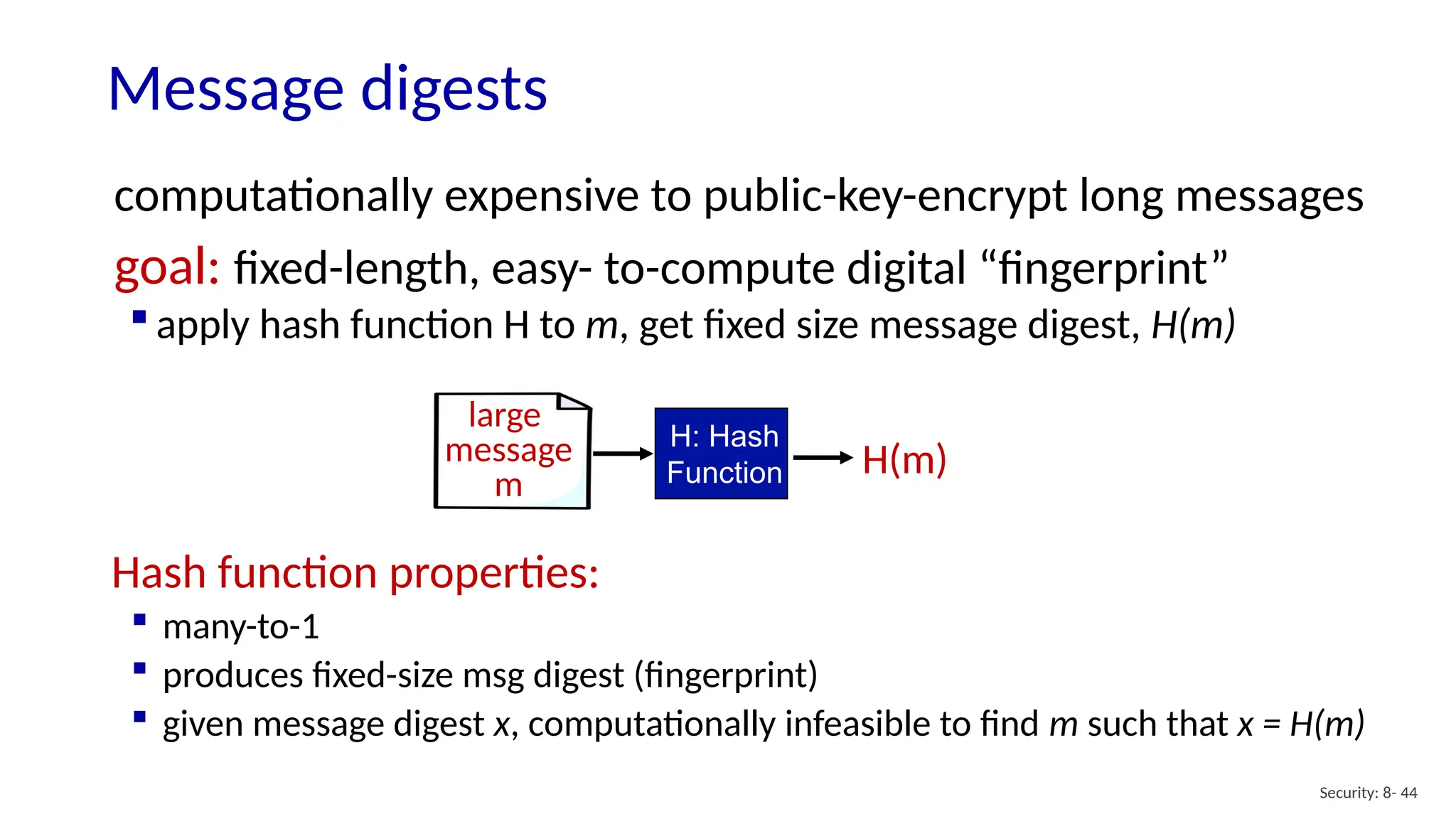Message digests
Security: 8- 44
Hash function properties:
 many-to-1
 produces fixed-size msg digest (fingerprint)
 given message digest x, computationally infeasible to find m such that x = H(m)
large
message
m
H: Hash
Function H(m)
computationally expensive to public-key-encrypt long messages
goal: fixed-length, easy- to-compute digital “fingerprint”
 apply hash function H to m, get fixed size message digest, H(m)
 