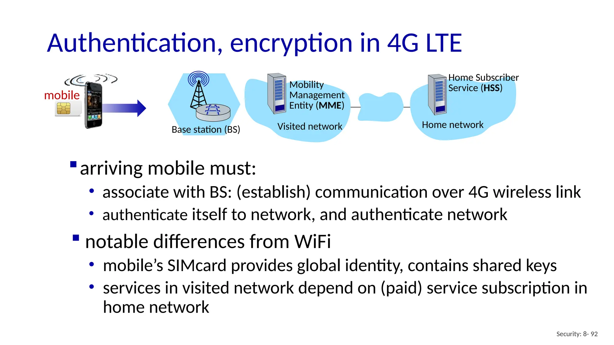 Security: 8- 92
Authentication, encryption in 4G LTE
Visited network
mobile
Base station (BS)
Mobility
Management
Entity (MME)
Home network
Home Subscriber
Service (HSS)
arriving mobile must:
• associate with BS: (establish) communication over 4G wireless link
• authenticate itself to network, and authenticate network
 notable differences from WiFi
• mobile’s SIMcard provides global identity, contains shared keys
• services in visited network depend on (paid) service subscription in
home network
 