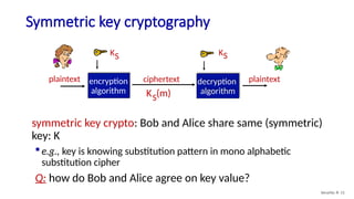 Symmetric key cryptography
plaintext plaintext
KS
encryption
algorithm
decryption
algorithm
KS
ciphertext
K (m)
S
symmetric key crypto: Bob and Alice share same (symmetric)
key: K
 e.g., key is knowing substitution pattern in mono alphabetic
substitution cipher
Q: how do Bob and Alice agree on key value?
Security: 8- 11
 