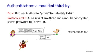 Authentication: a modified third try
Security: 8- 36
Goal: Bob wants Alice to “prove” her identity to him
Protocol ap3.0: Alice says “I am Alice” and sends her encrypted
secret password to “prove” it.
“I am Alice”
Alice’s
IP addr
encrypted
password failure scenario??
Alice’s
IP addr OK
 