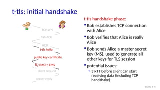 client request
server reply
t-tls hello
public key certificate
KB
+
(MS) = EMS
TCP SYN
SYNACK
ACK
t-tls: initial handshake
t-tls handshake phase:
 Bob establishes TCP connection
with Alice
 Bob verifies that Alice is really
Alice
 Bob sends Alice a master secret
key (MS), used to generate all
other keys for TLS session
 potential issues:
• 3 RTT before client can start
receiving data (including TCP
handshake)
Security: 8- 61
 